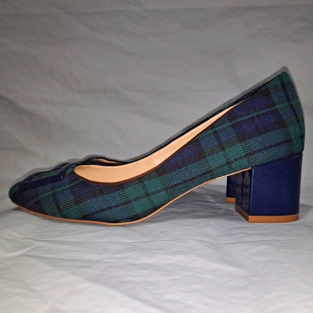 Crown & Ivy Beckie Dress Shoes Women's Size 6M Plaid Green & Blue 2" Block Heel